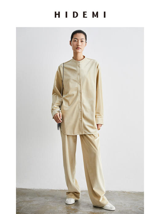 HIDEMI 简约廓形丝绒套装 衬衫/阔腿裤  米杏色/黑色 商品图3