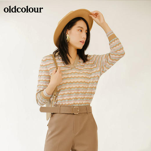 oldcolour秋季V领条纹百搭气质毛针织衫M32052252 商品图0