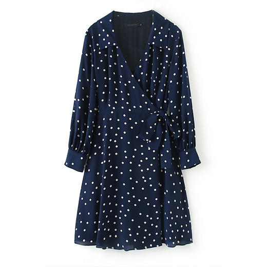 HeyDress长袖气质波点连衣裙女法式复古收腰修身裹身裙V领茶歇裙裙子 商品图4