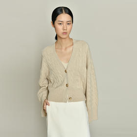 女士2021新款无染色羊绒长袖廓形V领绞花开衫