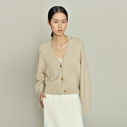 女士2021新款无染色羊绒长袖廓形V领绞花开衫 商品图0