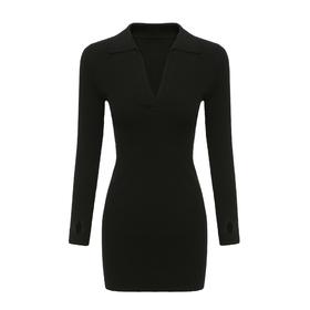 【授权商品】418欧美性感V领纯色修身包臀针织裙长袖套头女装连衣裙2021春季【203814】