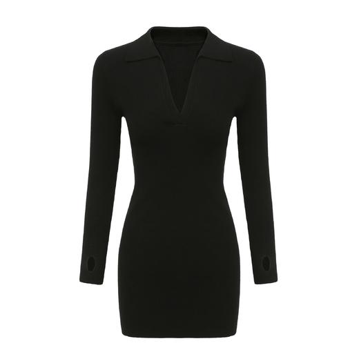 【授权商品】418欧美性感V领纯色修身包臀针织裙长袖套头女装连衣裙2021春季【203814】 商品图0