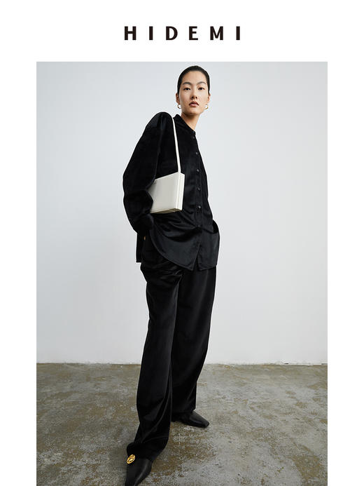HIDEMI 简约廓形丝绒套装 衬衫/阔腿裤  米杏色/黑色 商品图5