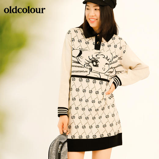 oldcolour秋季时尚玩味图案休闲气质中长款针织连衣裙M33106352 商品图0