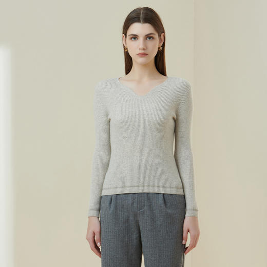 METTE羊绒世家21年女士100%山羊绒衫时尚V领修身显瘦打底针织毛衣 商品图1
