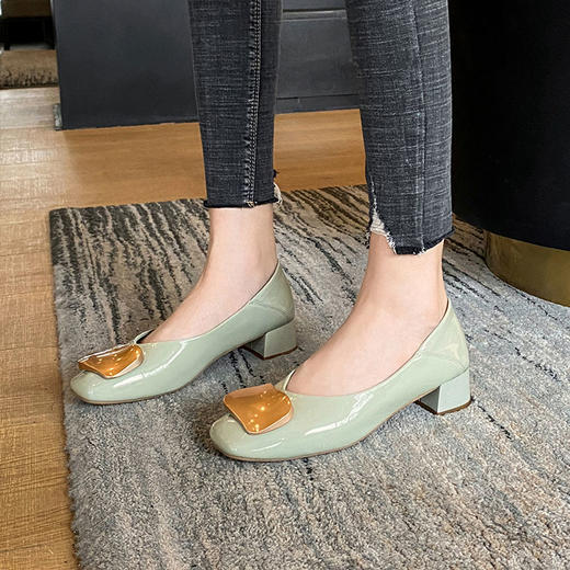 ZHR【金属扣饰】方头粗跟通勤鞋女婚鞋子女豆豆鞋皮鞋浅口女单鞋女鞋 商品图6