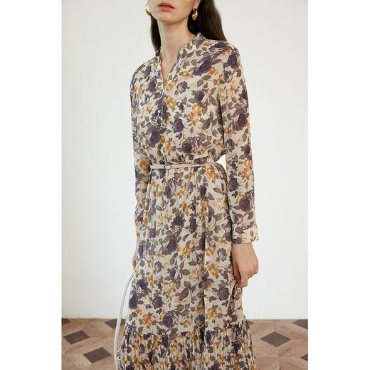 HeyDress长袖碎花连衣裙女法式鱼尾裙收腰雪纺长裙气质裙子 商品图1