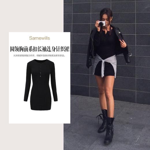 【授权商品】888欧美复古包臀裙胸前系扣圆领长袖修身连衣裙针织裙秋冬女 2021【170888】 商品图2