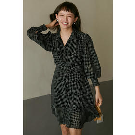 HeyDress复古轻盈感波点长袖连衣裙女春气质百搭设计感黑色裙子