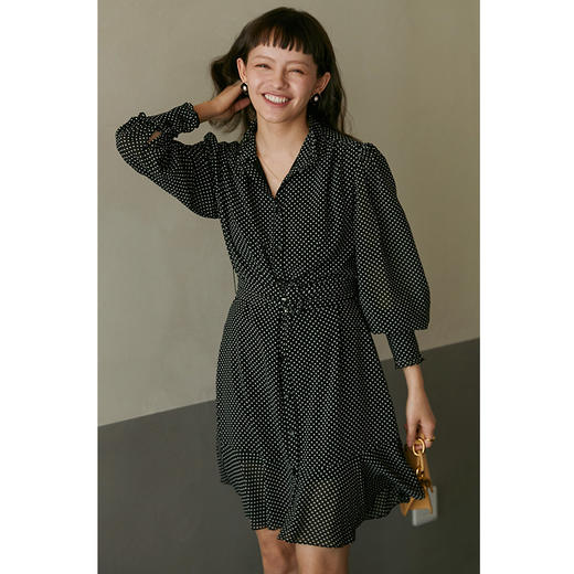 HeyDress复古轻盈感波点长袖连衣裙女春气质百搭设计感黑色裙子 商品图0