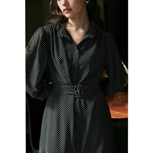 HeyDress复古轻盈感波点长袖连衣裙女春气质百搭设计感黑色裙子 商品图1