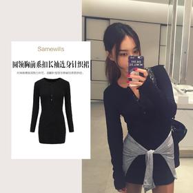 【授权商品】888欧美复古包臀裙胸前系扣圆领长袖修身连衣裙针织裙秋冬女 2021【170888】