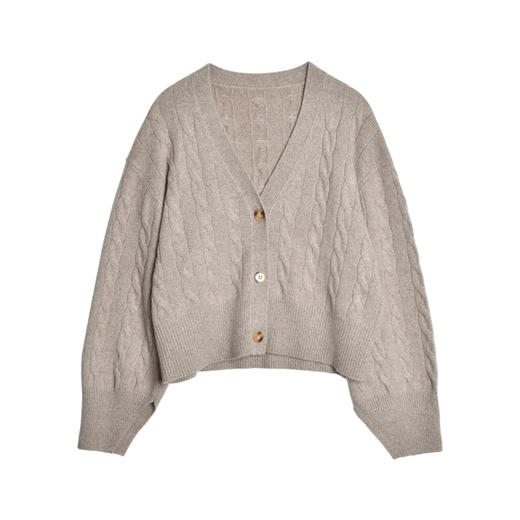 女士2021新款无染色羊绒长袖廓形V领绞花开衫 商品图4