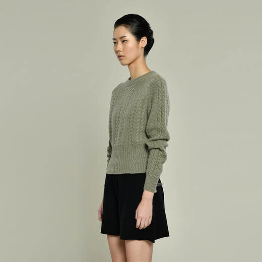 女士2021新款纯山羊绒衫圆领短款绞花套头衫 商品图2