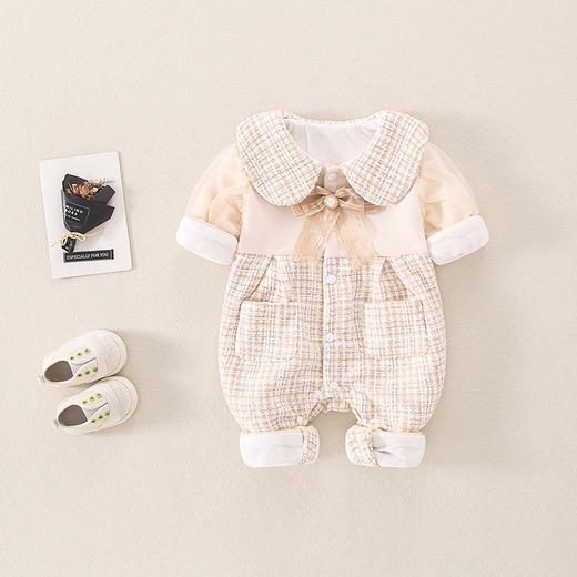 婴儿新款童装女宝宝爬服格子网纱深秋款新生儿连体哈衣 商品图0