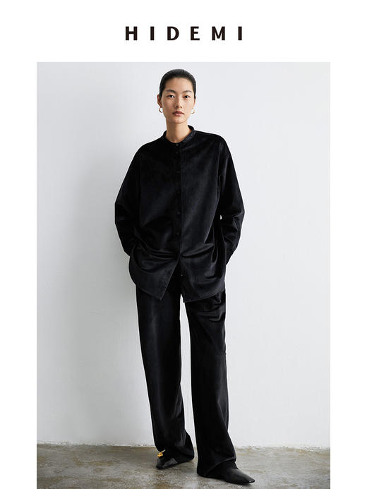 HIDEMI 简约廓形丝绒套装 衬衫/阔腿裤  米杏色/黑色 商品图4