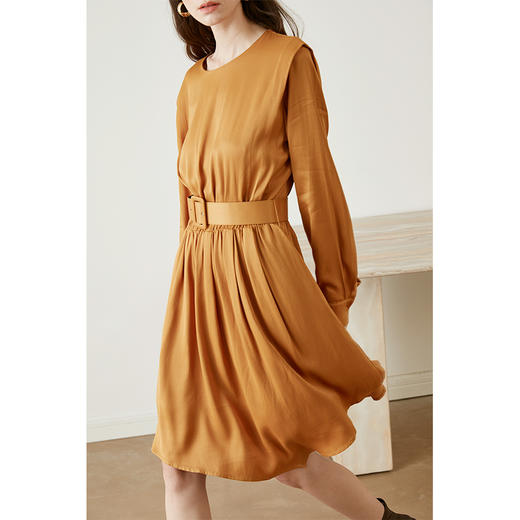 HeyDress法式缎面连衣裙女圆领设计不对称气质设计感收腰显瘦长裙 商品图0