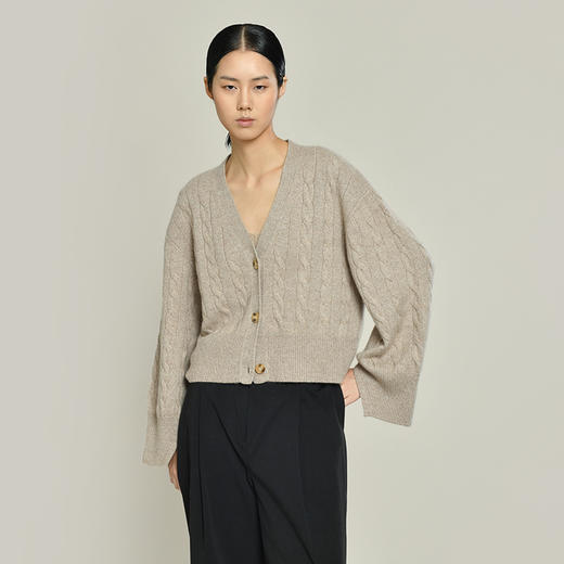 女士2021新款无染色羊绒长袖廓形V领绞花开衫 商品图2