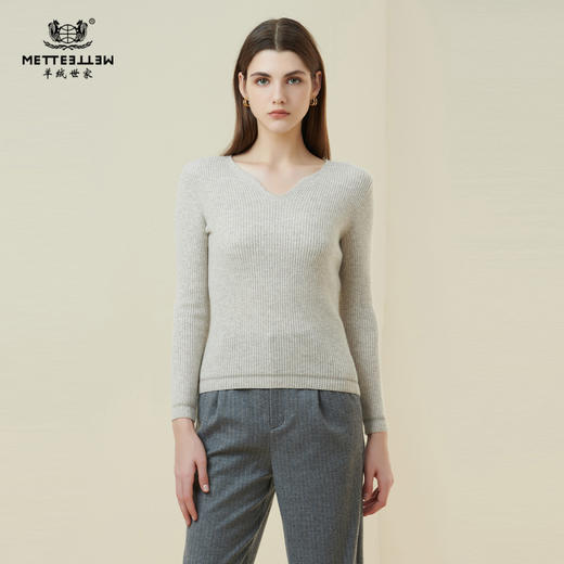 METTE羊绒世家21年女士100%山羊绒衫时尚V领修身显瘦打底针织毛衣 商品图0