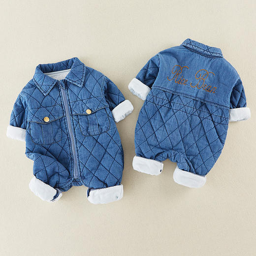 满月婴儿衣服男女宝宝牛仔连体衣秋款哈衣洋气爬服可爱外出厚抱衣 商品图1