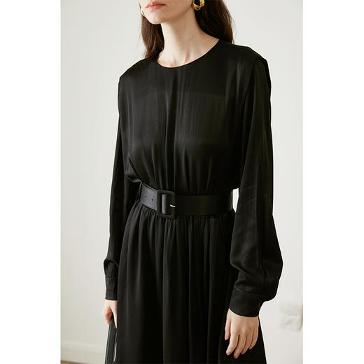 HeyDress法式缎面连衣裙女圆领设计不对称气质设计感收腰显瘦长裙 商品图3