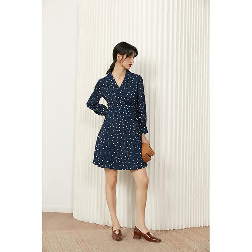 HeyDress长袖气质波点连衣裙女法式复古收腰修身裹身裙V领茶歇裙裙子 商品图3