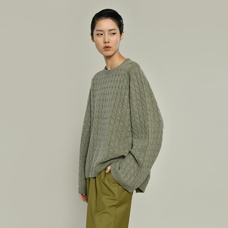 女士2021新款纯山羊绒衫廓形绞花套头衫