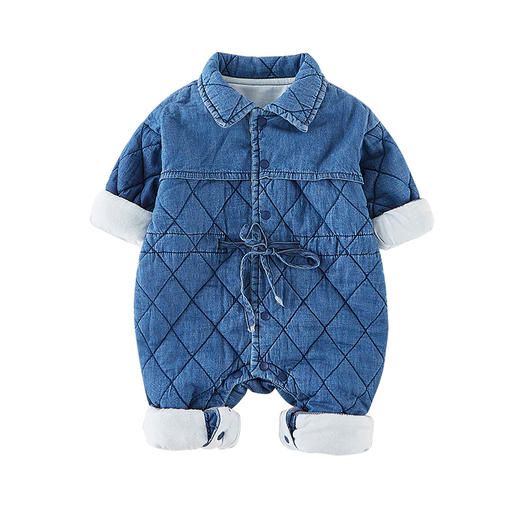 满月婴儿衣服男女宝宝牛仔连体衣秋款哈衣洋气爬服可爱外出厚抱衣 商品图4