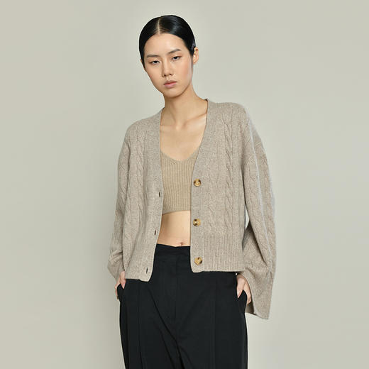 女士2021新款无染色羊绒长袖廓形V领绞花开衫 商品图3