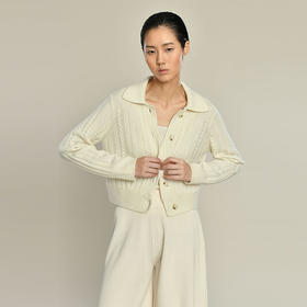 女士2021新款纯山羊绒翻领短款绞花开衫