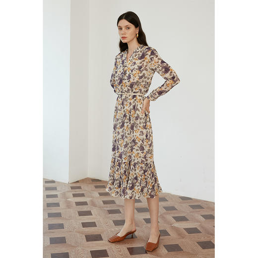 HeyDress长袖碎花连衣裙女法式鱼尾裙收腰雪纺长裙气质裙子 商品图0