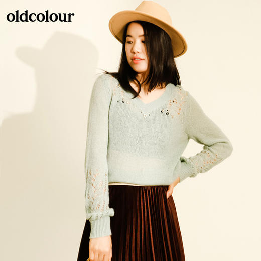 oldcolour秋季钉钻镂空休闲气质纯色外穿针织衫女M33052342 商品图4