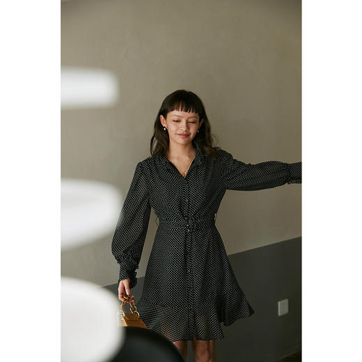 HeyDress复古轻盈感波点长袖连衣裙女春气质百搭设计感黑色裙子 商品图3