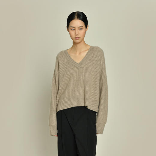 女士2021新款无染色纯山羊绒短款长袖V领套头衫 商品图2