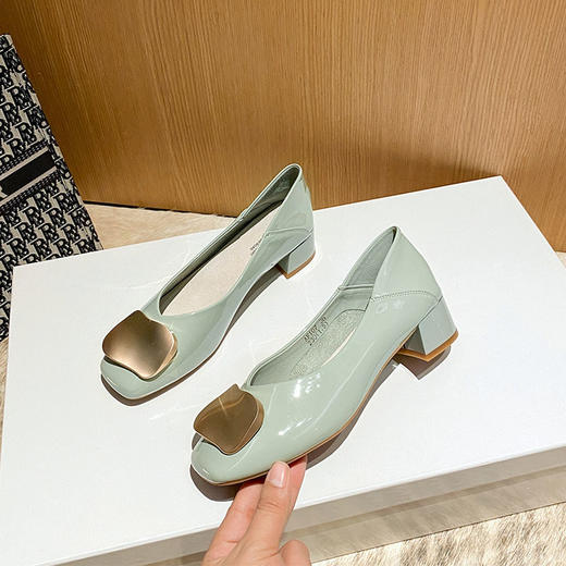 ZHR【金属扣饰】方头粗跟通勤鞋女婚鞋子女豆豆鞋皮鞋浅口女单鞋女鞋 商品图7