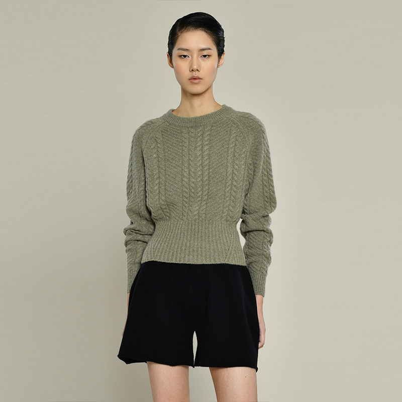 女士2021新款纯山羊绒衫圆领短款绞花套头衫