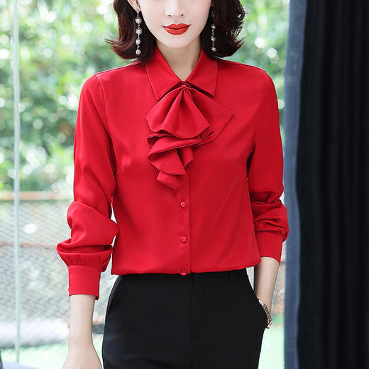 时尚缎面雪纺上衣气质百搭荷叶边长袖衬衣  TR-SQJ A618 商品图2