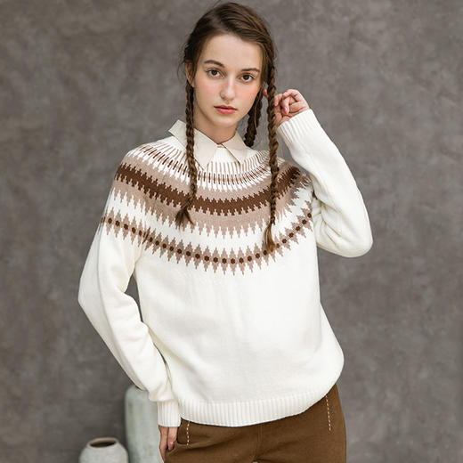 Famecoco范可儿提花毛衣女士秋冬复古圆领长袖上衣F218DB013 商品图0