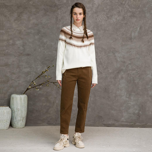 Famecoco范可儿提花毛衣女士秋冬复古圆领长袖上衣F218DB013 商品图2