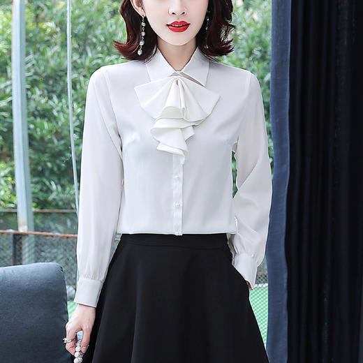 时尚缎面雪纺上衣气质百搭荷叶边长袖衬衣  TR-SQJ A618 商品图1