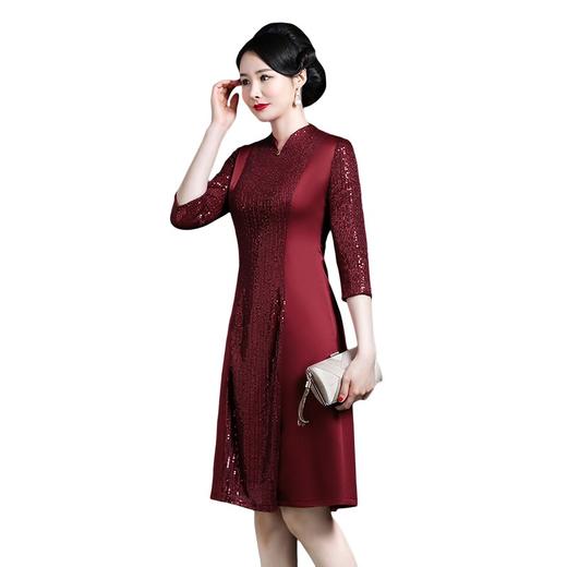 上海旗袍厂NBL-NZ207 酒红 结婚妈妈礼服年轻款丈母娘缎面与亮片拼接旗袍连衣裙婚礼婚宴装秋 商品图3