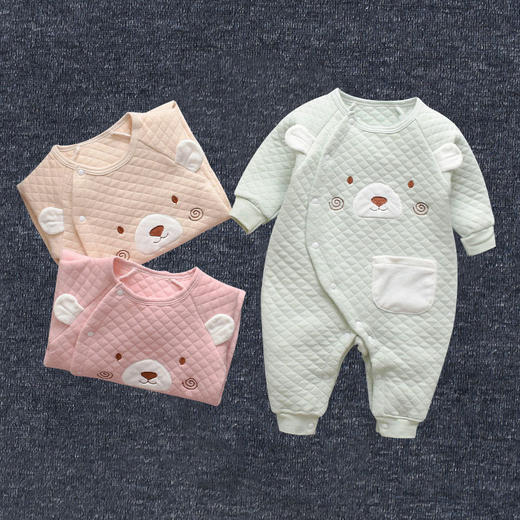 新生儿秋季新款婴儿连体夹丝棉爬服 洋气可爱小熊卡通哈衣 商品图0