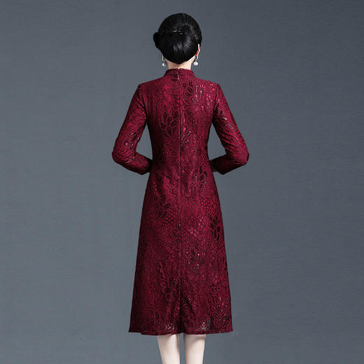 上海旗袍厂WD-WZ241枣红 喜婆婆婚宴装高贵连衣裙秋长袖年轻时尚小个子旗袍冬款加厚 商品图1