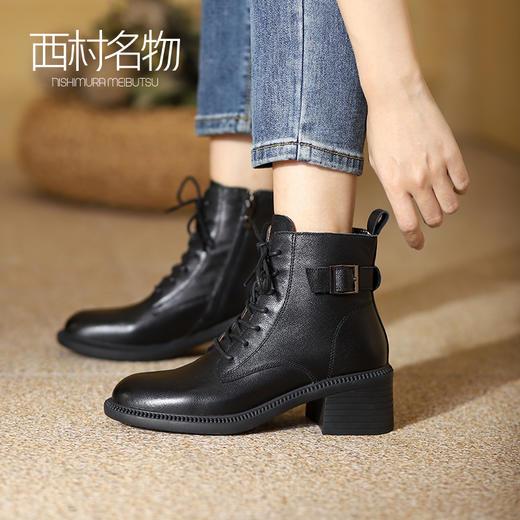 西村名物秋冬新款真皮复古马丁靴女英伦风中筒粗跟短靴T21DS44231 商品图1