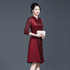 上海旗袍厂NBL-NZ207 酒红 结婚妈妈礼服年轻款丈母娘缎面与亮片拼接旗袍连衣裙婚礼婚宴装秋 商品缩略图2