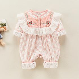 婴儿连体衣春秋女宝宝花边大领子哈衣爬服百天宴幼儿碎花外出服洋