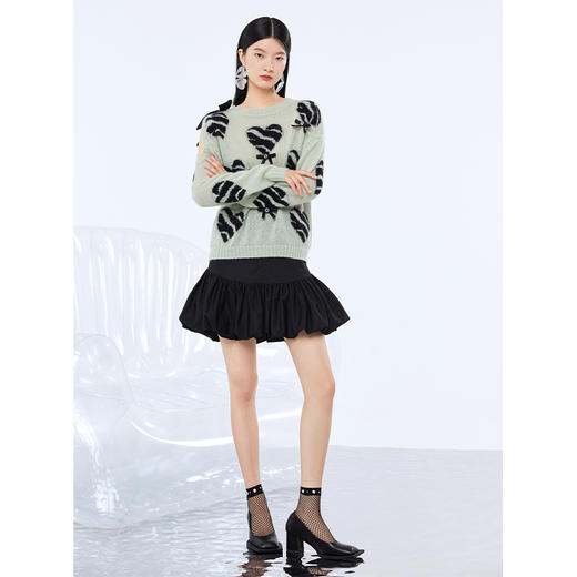 NEELLY纳俪商场同款黑色半身裙女褶皱拼接裙摆蓬蓬裙百搭A字裙N21081E01113 商品图4