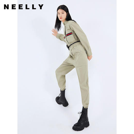 NEELLY纳俪工装风立领连衣裤女宽松百搭工抽绳收腰显瘦连体束脚裤N21081Q01121 商品图3