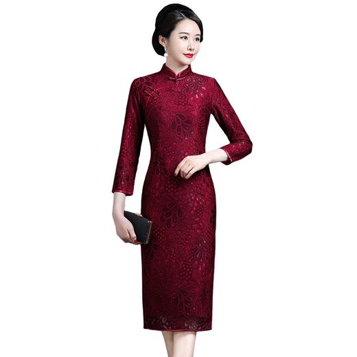 上海旗袍厂NBL-NZ242 枣红 秋冬季喜婆婆婚宴装蕾丝秋装加厚旗袍年轻款气质婚礼服 商品图3